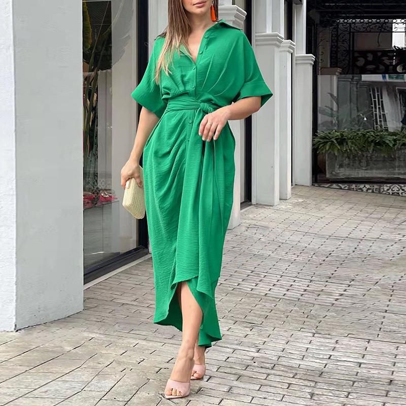 Amazon 2025 New European and American Women's Lace-up Waist Short-sleeved Single-breasted Solid Color Shirt European and American dress Women