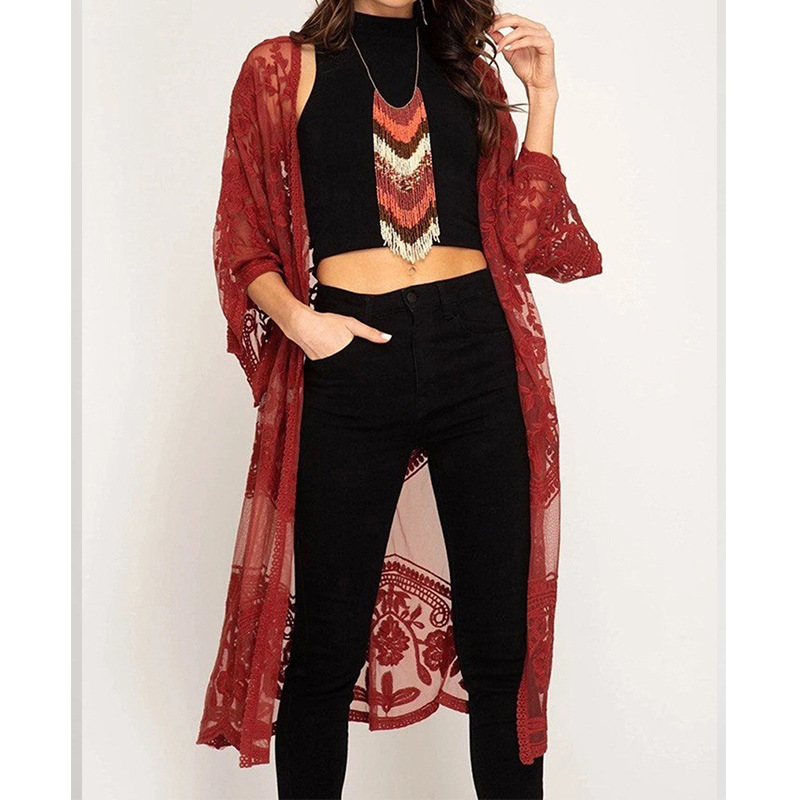 Amazon European and American Beach Blouse Embroidered Lace Loose Vacation Bikini Blouse Cardigan Outer Overalls Cross-Border