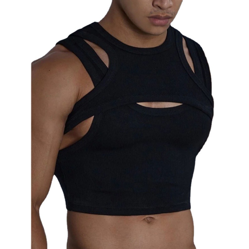In stock independent station hot selling inner base Street fashion sexy irregular vest camisole men's two-piece set
