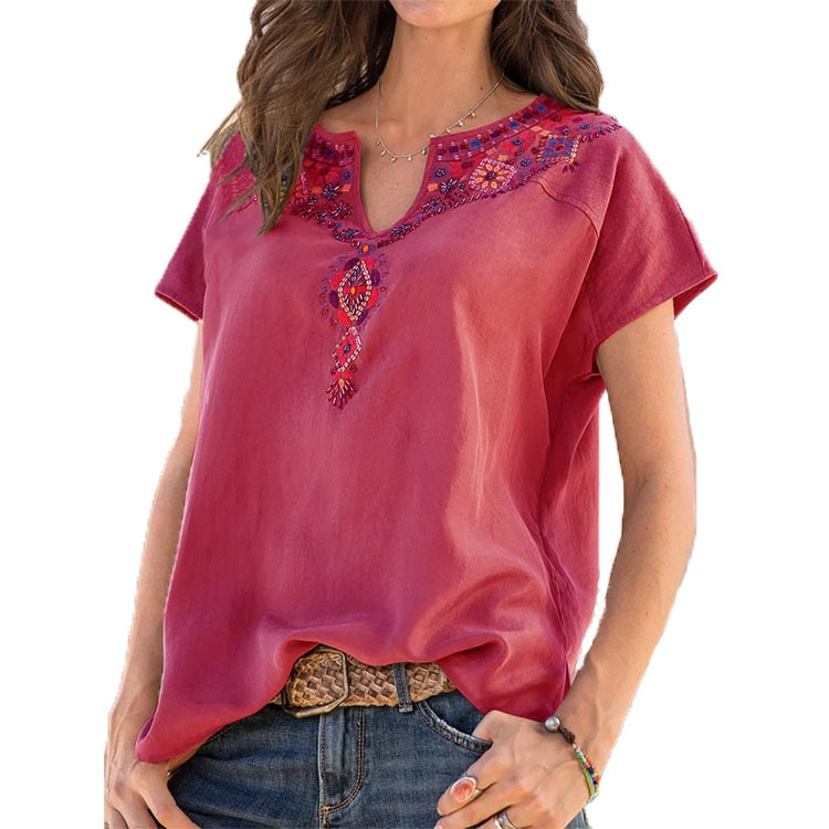 Independent Station Amazon Hot Selling 2022 Spring and Summer Cross-border Women's Clothing Loose Western Ethnic Style Top Short Sleeve T-shirt for Women