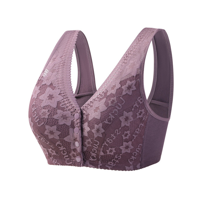 New Front Buckle Middle-aged and Elderly Underwear Women's Lace No Steel Ring Wide Shoulder Strap Vest Large Size Bra