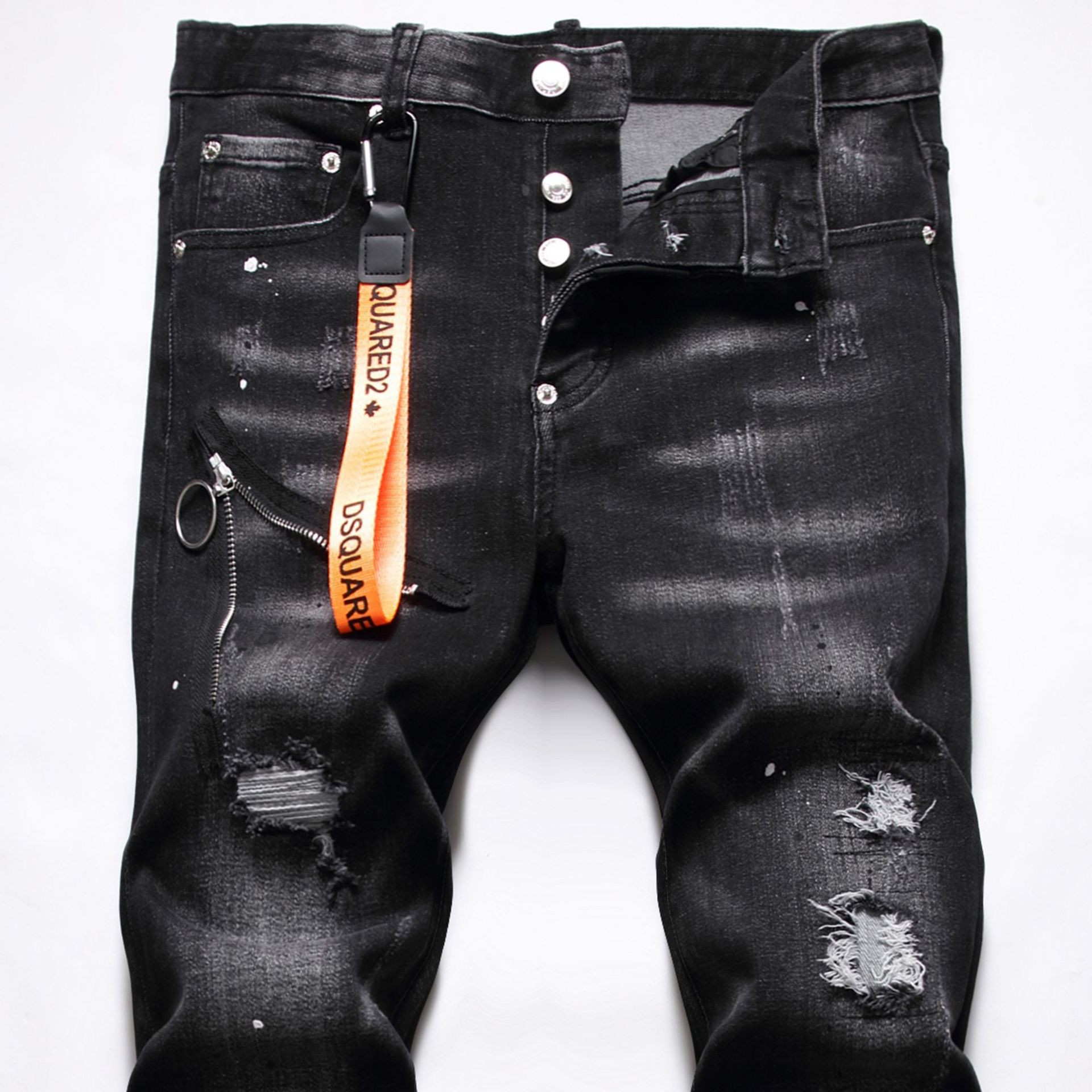 European and American fashion brand Dsq2 fashion black Gray elastic paint point decoration zipper lanyard hole patch jeans men