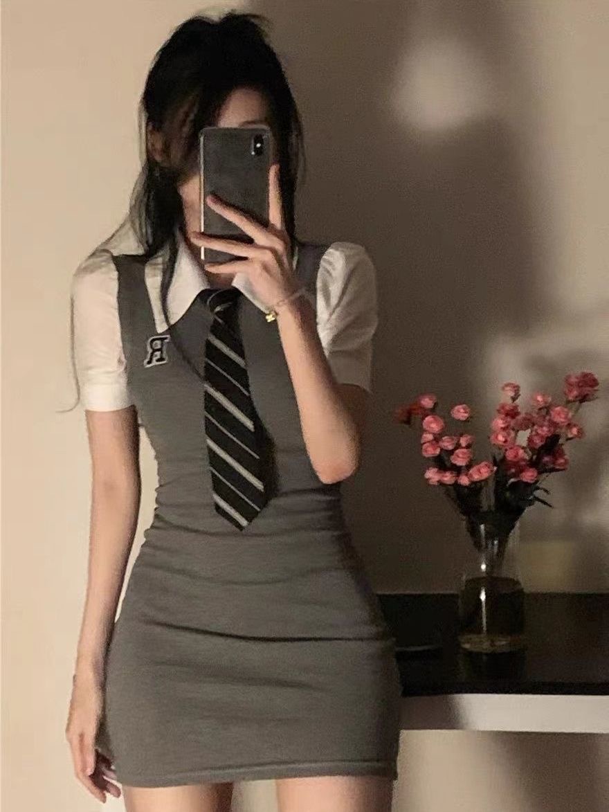 jk pure desire polo tie fake two-piece short sleeve waist slimming slim tight sheath college style dress women's summer