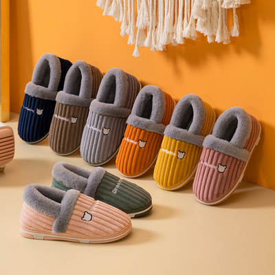 Men's and women's corduroy striped faux rabbit fur indoor and outdoor home winter warm cotton-padded shoes cotton slippers