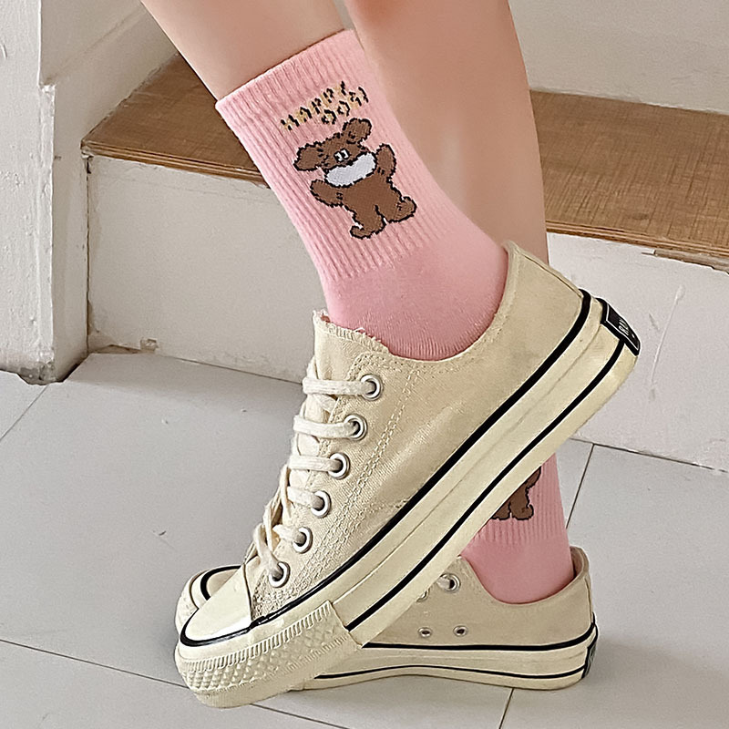 可爱袜子女奶油色卡通少女袜ins潮日系粉色外穿运动袜潮流长袜