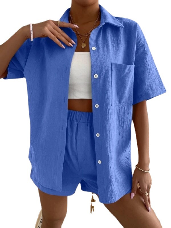 Amazon Foreign Trade 2023 Cotton and Linen Fashion Suit Solid Color Pocket Patch Shirt and Shorts Solid Color Short Sleeve