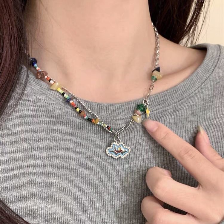 彩色碎石雲朵項鍊女輕奢小眾女甜酷網紅y2k千禧風串珠鎖骨鏈