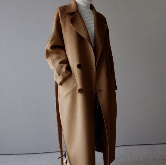 Cappotto di lana sopra il ginocchio stile Harajuku lungo e aderente in vita di Waitmore, in lana beige di media lunghezza, nuovo inverno 2023_voghion.com