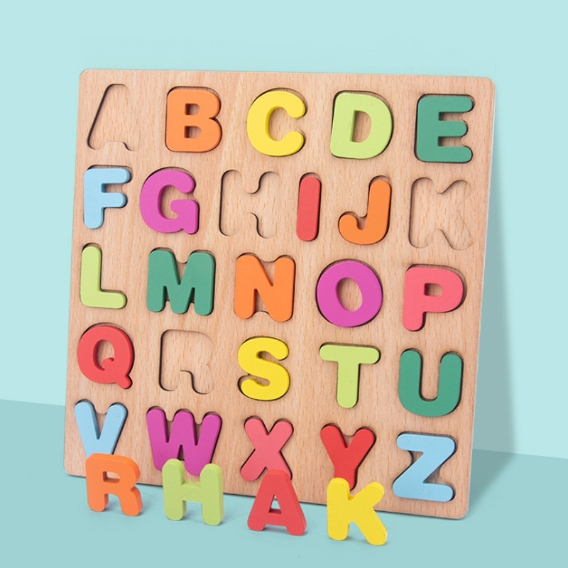 3d three-dimensional wooden jigsaw puzzle number shape letter jigsaw puzzle block matching hand-held board children's educational toys wholesale