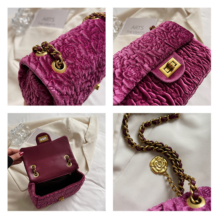 Autumn and Winter Bag Women's 2023 New Fashion Camellia Velvet Chain Small Square Bag Square Fatty Underarm Bag Crossbody Bag