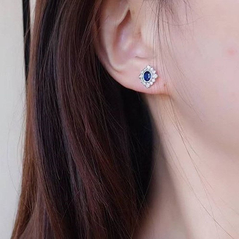 Cao Shi Live Online Celebrity Vintage Earrings New Arrival Diamond Sapphire Blue Zircon Flower-Shaped Earrings Trendy Earrings for Women