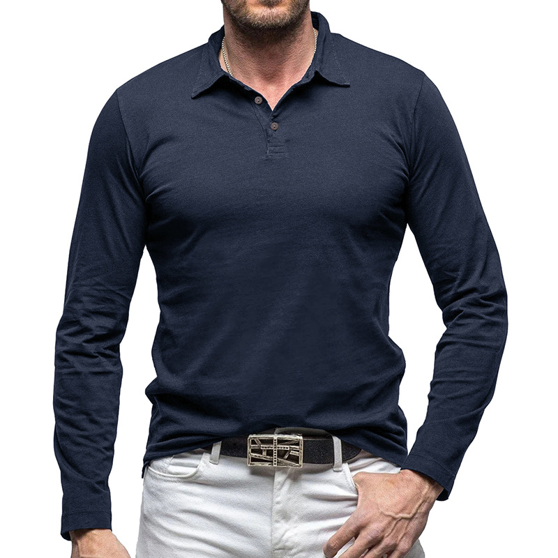 Outdoor autumn and winter New lapel European and American men's T-shirt solid color cross-border foreign trade Men's cotton long-sleeved polo shirt - ShopShipShake