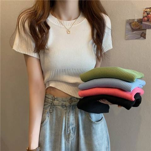 Ice Silk short-sleeved T-shirt for women spring/summer 2023 new casual inner knitted bottoming shirt fashionable western style small shirt top