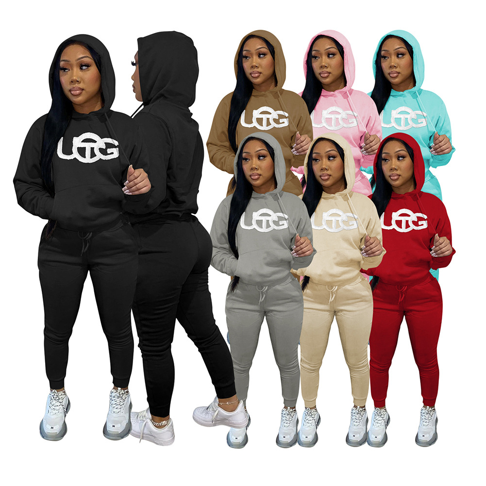 D88140 European and American Women's Clothing Independent Station Supply Embroidery Plush Autumn and Winter Fleece Hooded Sweatshirt Suit Women's Clothing