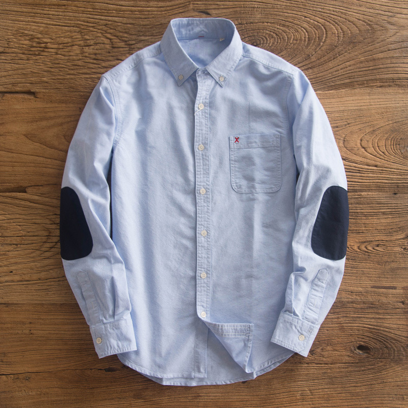 Pure Cotton Oxford Spinning Shirt Men's Long-sleeved Japanese Style Retro Elbow Patched Shirt Men's Yu Wenle Trendy Brand Top