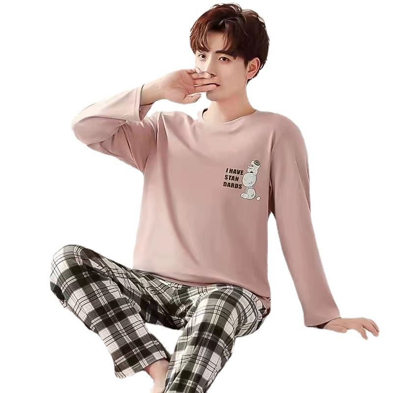 Pajamas men's long-sleeved autumn new men's youth Spring and Autumn Winter thin artificial cotton loose men's home wear suit