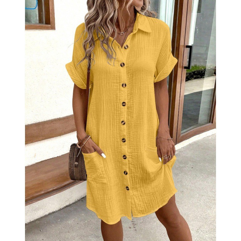 2024 Explosions Summer Simple V-neck Button Cotton Linen dress Women's Shirt Dress