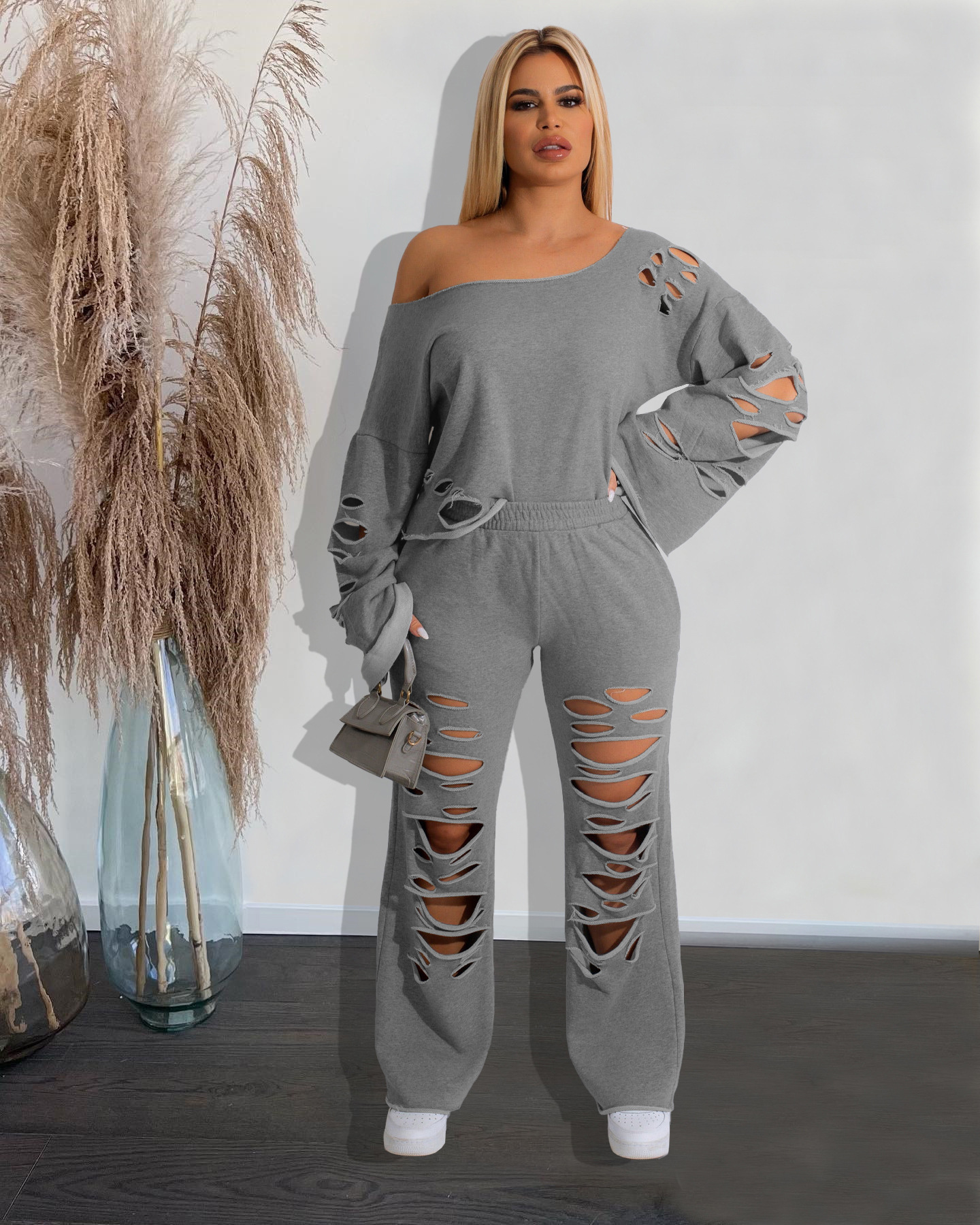 MX6120 Cross-border Supply New European and American Women's Casual Solid Color Hole Loose Sweater Two-piece Suit