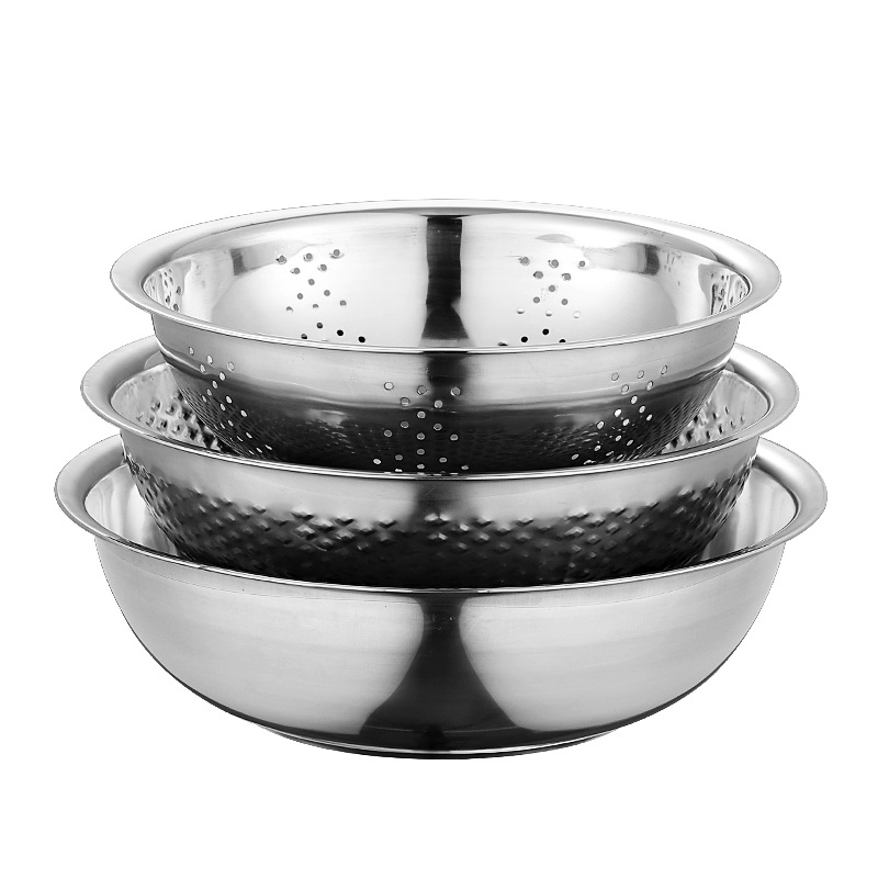 Stainless steel basin thickened rice sieve three-piece set and noodle multi-purpose basin canteen soup bowl seasonings basin drain basin large price