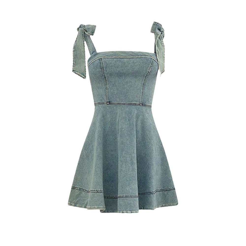 2024 Summer European and American cross-border Amazon independent station square collar lace-up waist distressed Denim dress small skirt