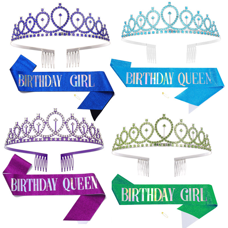 Spot Birthday Shiny Crown Girl Rhinestone Hair Band Belt Queen Etiquette Belt Birthday Decoration Party Supplies