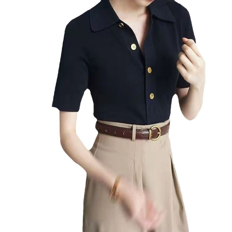 Light Luxury Simple Polo Collar Solid Color Shirt Women's 2023 Summer New Fashion Button Short Sleeve Trendy Top