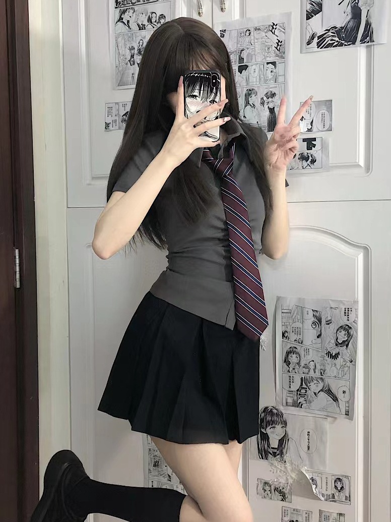 Pure Wish Waist jk Shirt Pleated Design Hot Girl Short Sleeve Summer Slim Look Top Slim Fit Sexy Grey Shirt Trendy