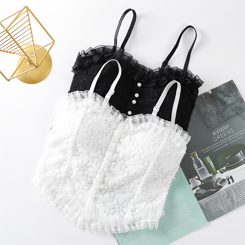 Pearl Buckle Ruffled Lace Beautiful Back Wrap Breast Tube Top Fixed Cup No Steel Ring Inner Wearing Outer Wearing All-match Camisole for Women