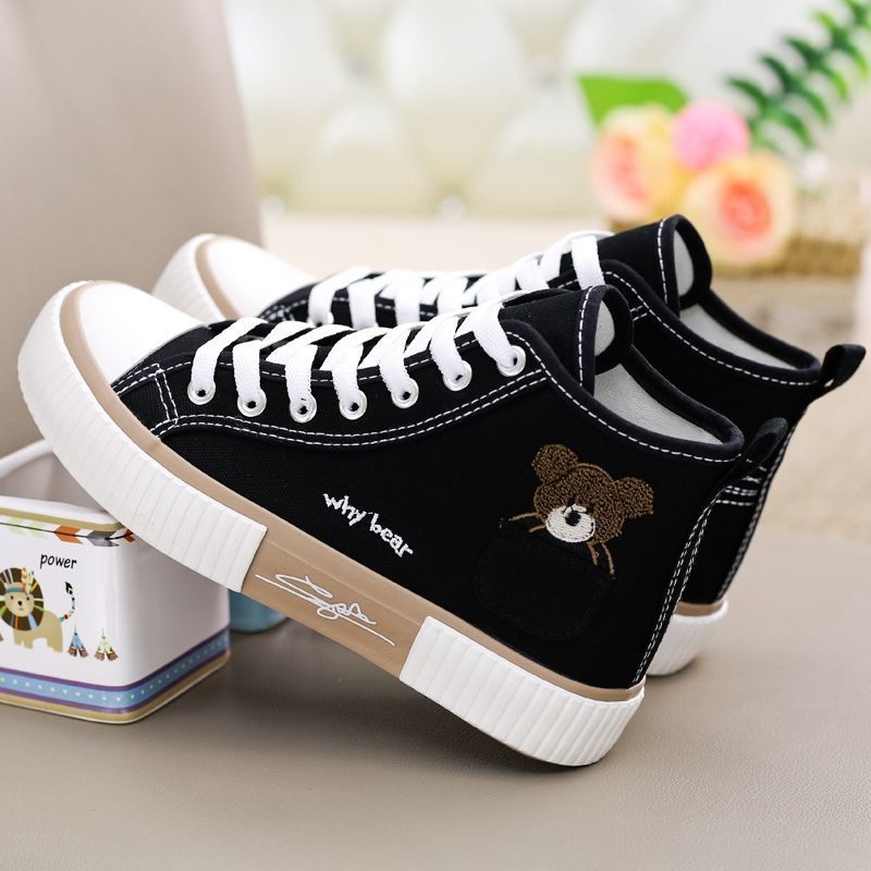 High-top pocket bear canvas shoes women's versatile cute sneakers women's 2023 new autumn niche design sneakers