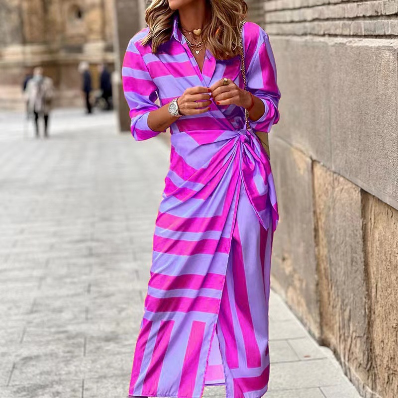 2022 Europe and the United States cross-border foreign trade women's new fashion printed shirt collar lace-up long striped dress