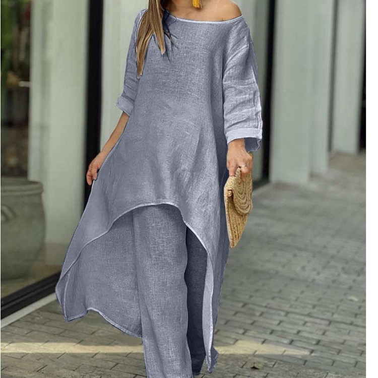 2024 European and American New Women's Cotton and Linen Fashion Casual plus size Irregular Long-sleeved suit Wide-leg Pants Two-piece Set