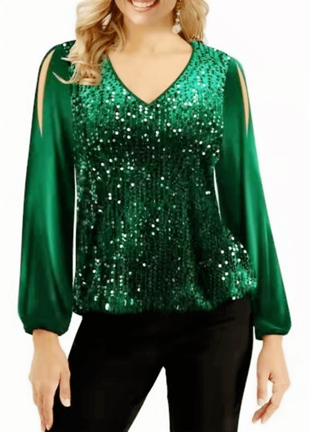  spring and summer European and American V-neck pullover tops with sequins and missing shoulders, fashionable lantern sleeves women's T-shirts