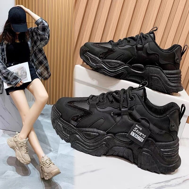 Leather clunky sneakers for women 2023 New genuine leather platform women's shoes autumn and winter height increasing casual running shoes