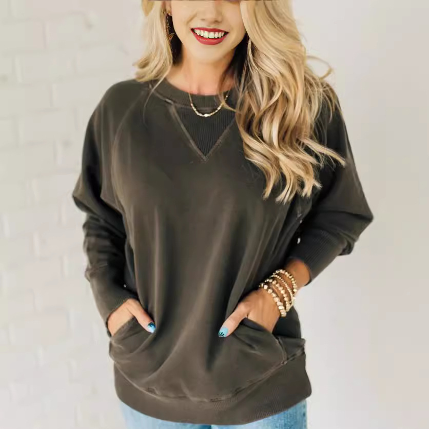 European and American Cross-border Autumn and Winter New Women's Rib Decorative Pocket Pullover Amazon Explosions Long Sleeve Loose Sweater