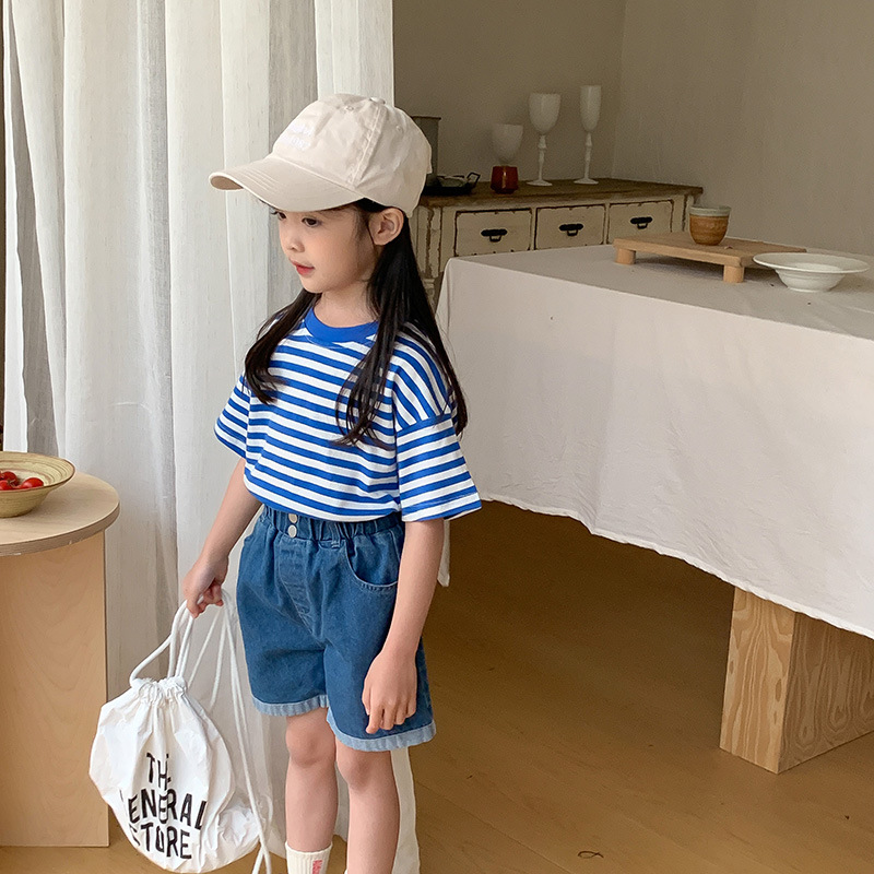 Children's T-shirt 2024 spring boys and girls Korean striped short sleeve children's round neck casual loose top