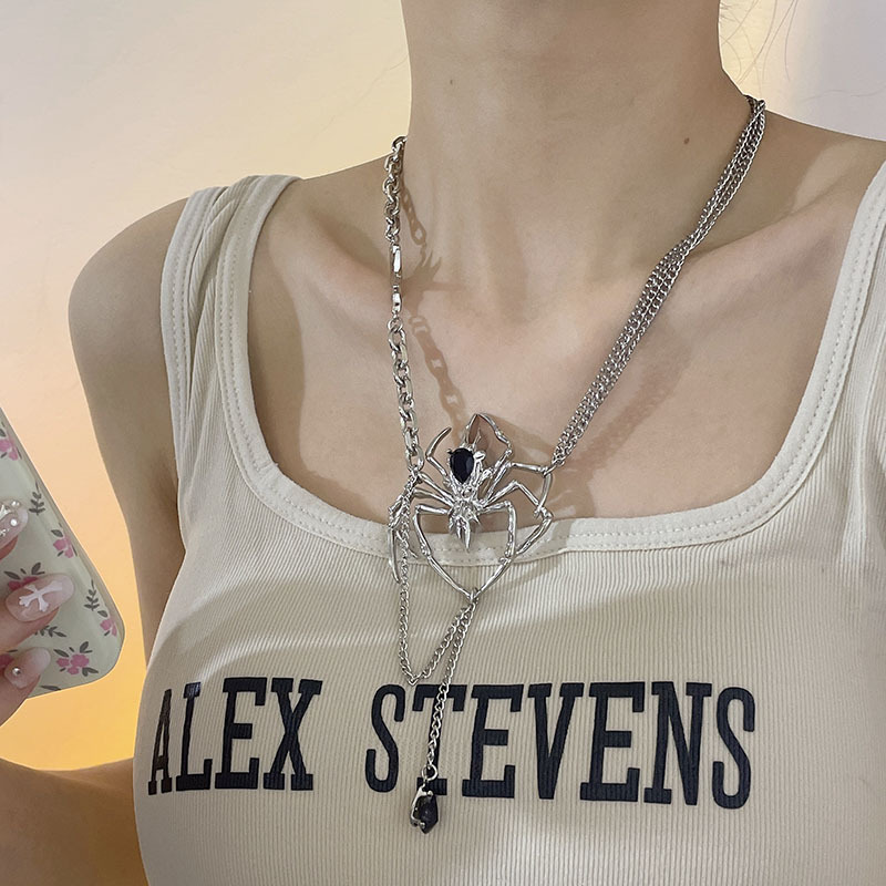 European and American Niche Design Sense Necklace High ins Style Web Red Personality Spider Black Gem Clavicle Chain Women's Trendy Cool