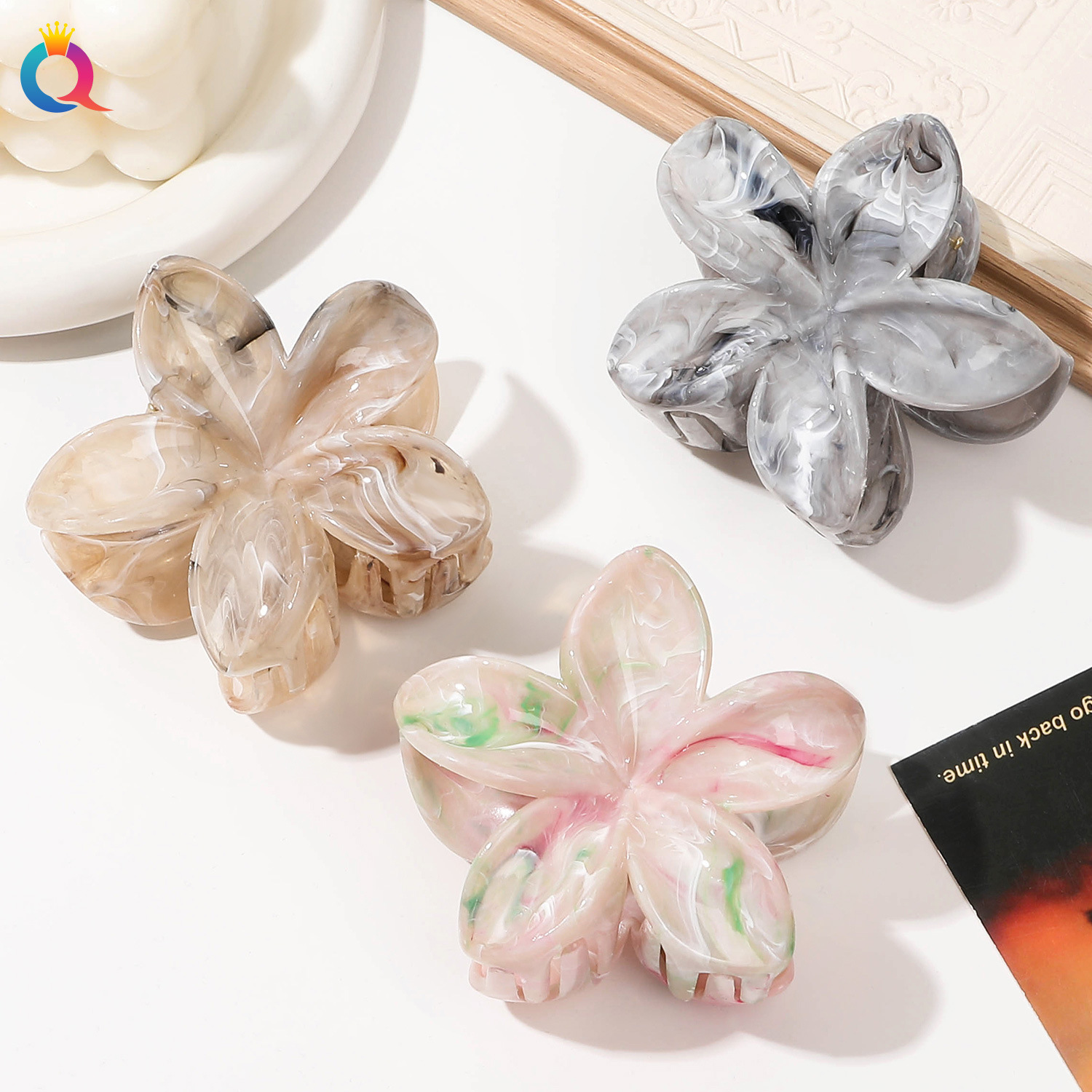 Qiyue cross-border marble pattern flower catch clip large egg flower hair clip plate hair shark clip hair catch hair accessories wholesale_voghion.com