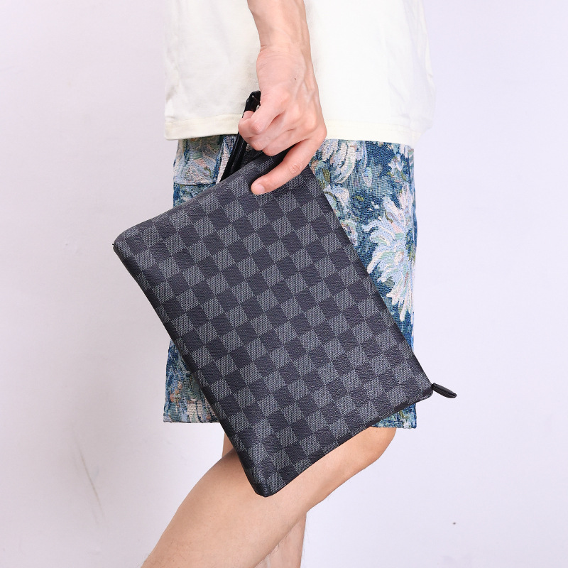 2020 New Casual Korean Style Clutch Bag Men's Black Plaid Clutch Bag File Bag Fashionable Simple Elegant Wrist Bag