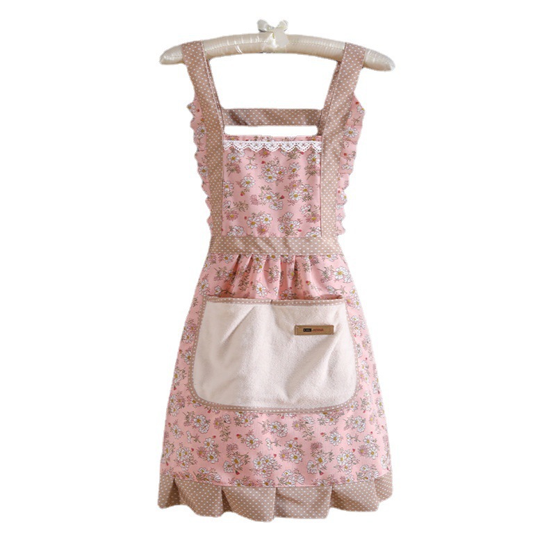 Canvas Cotton Apron Kitchen Household Wipe Hand Strap Pure Cotton Women's 2023 New Style Western Style Internet Celebrity Princess Cooking