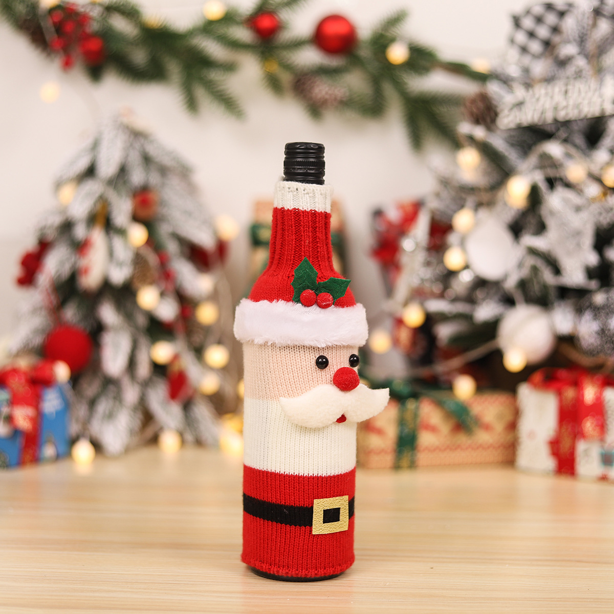 Mingguan New Product Christmas Decoration Knitted Wool Belt Old Man Red Wine Bottle Cover Table Decoration Kitchen Decoration