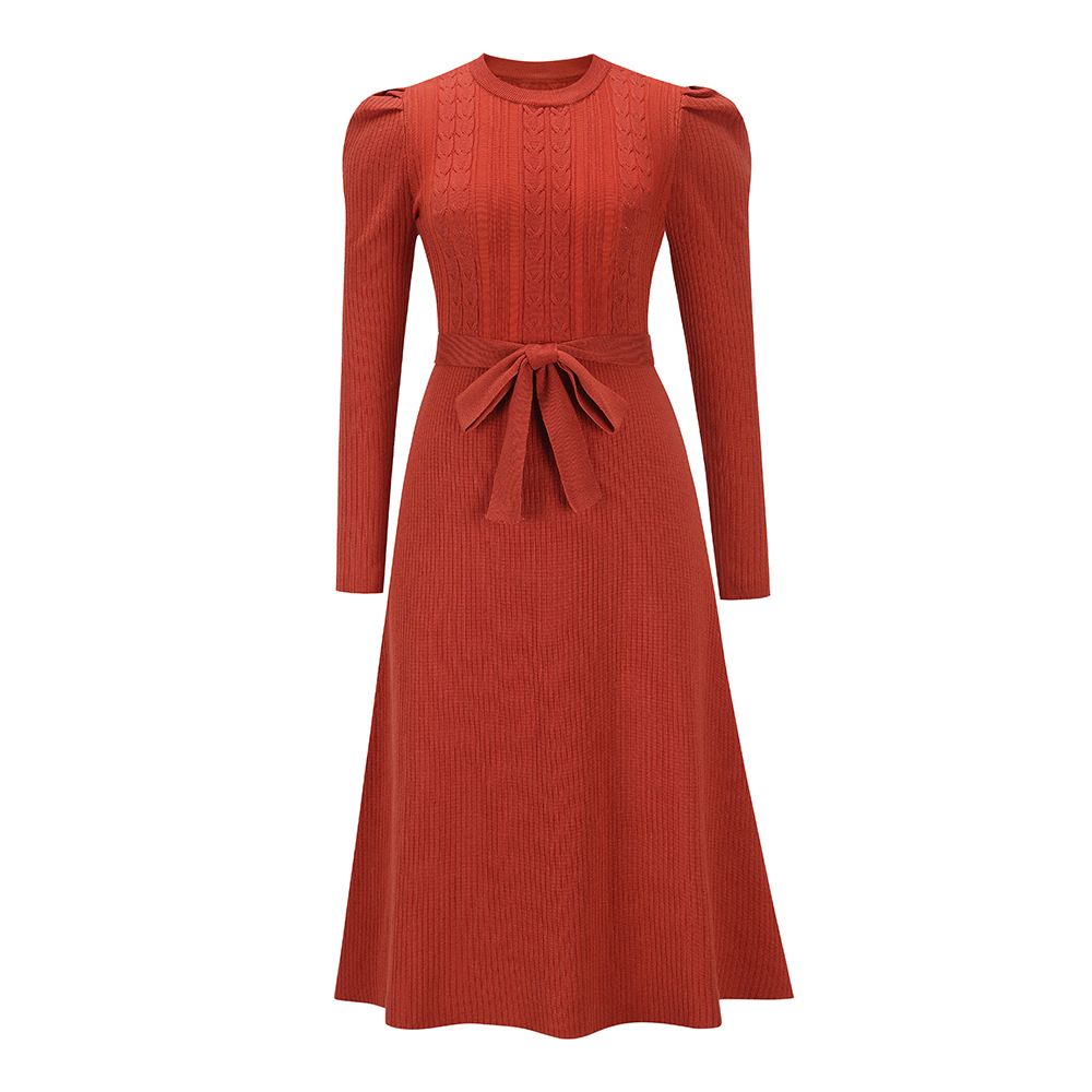 Autumn and Winter New Bubble Long-sleeved Knitted Skirt Mid-length Elegant Slimming High Waist Large Swing Dress Base Sweater Dress