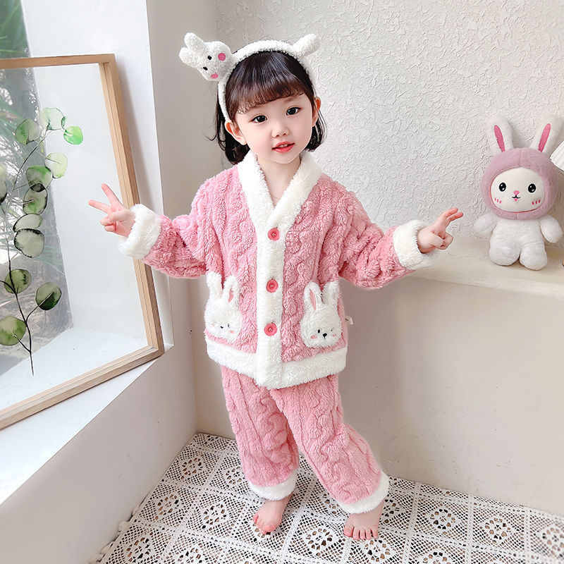 Girls' Western Style Thickened Flannel Pajamas Set Autumn and Winter Baby Girl's Coral Fleece Home Clothes Children's Clothing Korean Style