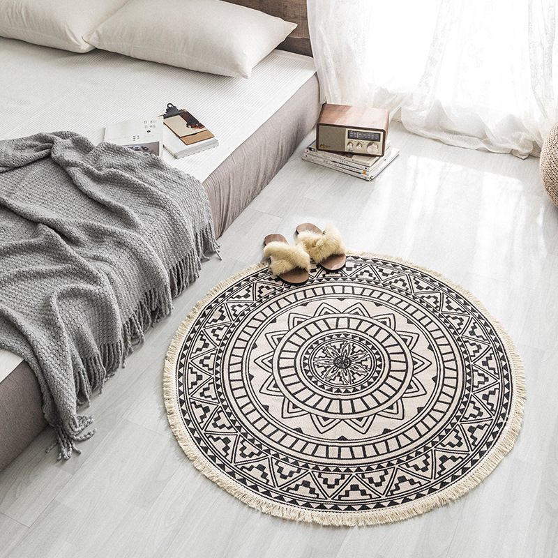 Cross-border Nordic ethnic cotton and linen floor mat round retro plain handmade carpet bedroom bedside floor mat