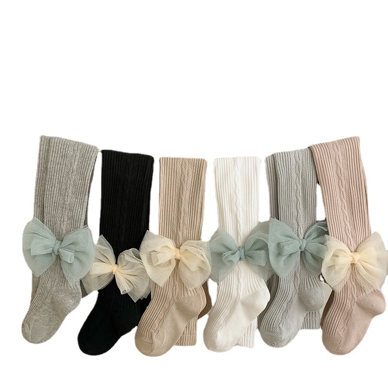 Children's pantyhose baby spring and autumn baby bottoming socks yarn bow striped one-piece socks girls leggings wholesale