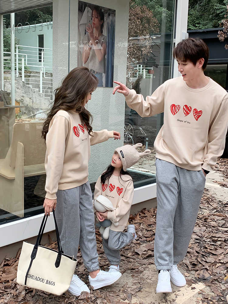 Parent-child wear spring, autumn and winter wear round neck long sleeve fleece-lined new sweater mother-child Women's family three or four family family portrait suit