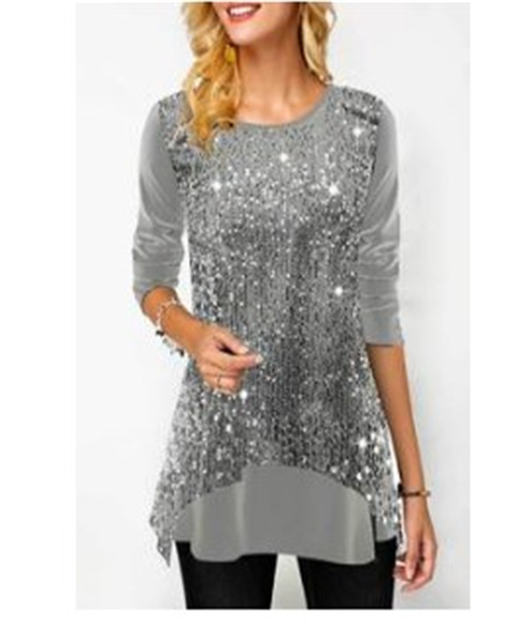 Amazon wish AliExpress European and American popular women's round neck slim-fit sequined printed long sleeve pullover T-shirt