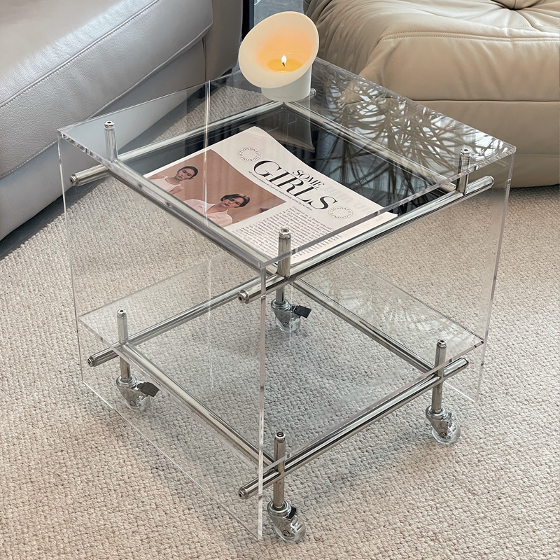 Acrylic trolley storage rack transparent ins sofa side table middle-ancient stainless steel movable bedside table