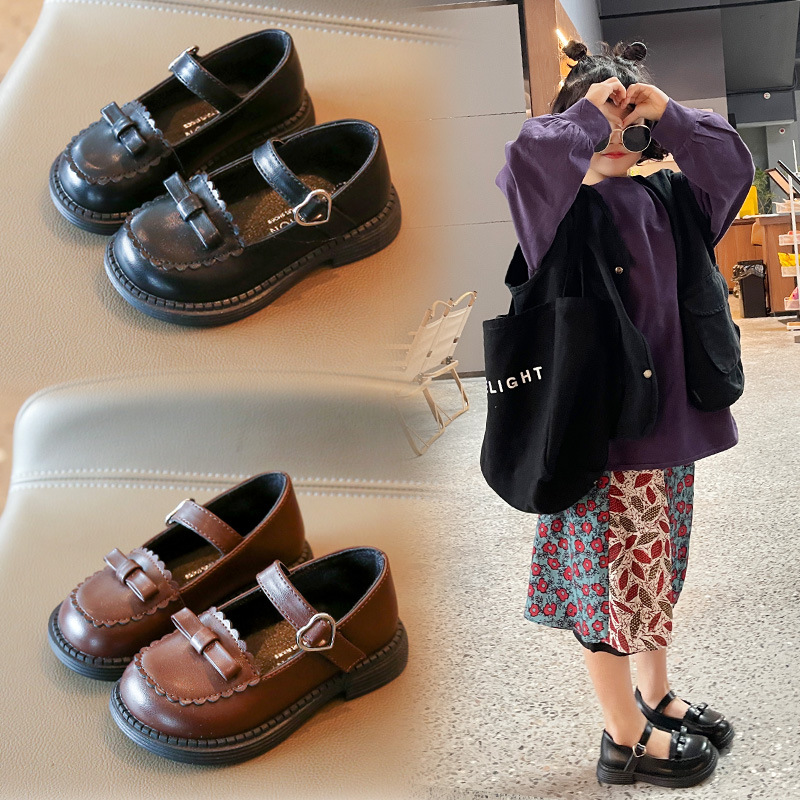 Girls' Leather Shoes 2023 Spring and Autumn New Children's Soft-soled Princess Shoes Large Children's Spring and Autumn English Style Black Single-layer Shoes