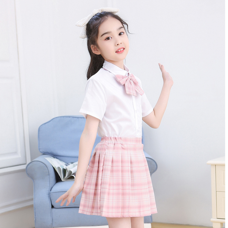 Children's JK uniform girls' summer short-sleeved suit basic shirt plaid pleated skirt children's plaid skirt