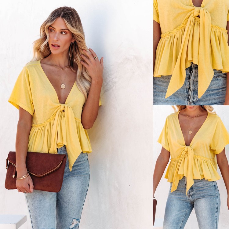 2023 Amazon Summer New European and American Cross-border Women's Solid Color Stitching Loose Short Sleeve Strap Ruffled Top